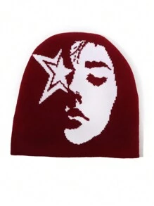 1pc Face Pattern Intarsia Knit Beanie Hat, Fashionable Y2K Vibe, Warm And Windproof