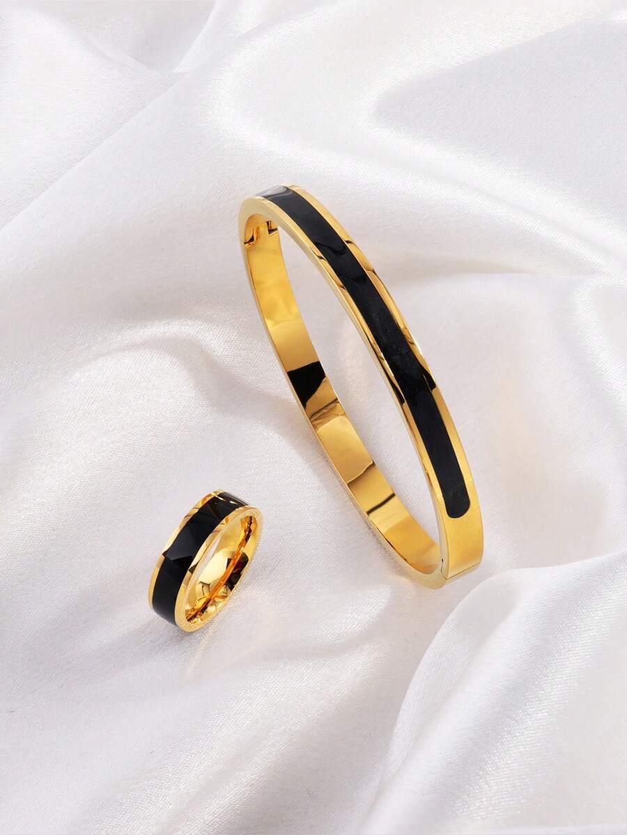 Bộ 2 chiếc vòng tay và nhẫn bằng thép không gỉ hình giọt dầu, kiểu dáng cổ điển, thời trang, phù hợp làm quà tặng.