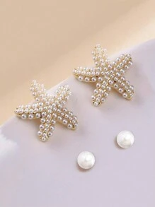 2 Pares de Pendientes con Estrella de Mar y Perla Simulada, Diseño Delicado y Único para Mujeres, Joyería Casual/de Viaje/de Playa para el Verano