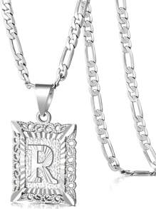 Collar con colgante de letra inicial para mujeres y hombres, collar de monograma cuadrado con capital en chapa de oro blanco de 18K con letras del alfabeto de A-Z y cadena Figaro
