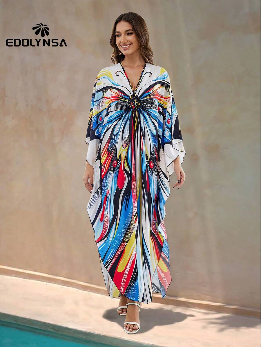 Colorful Butterfly Print Kaftan Maternity Beach Dress Vacation