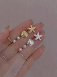 2 pares de aretes tipo pendiente con diseño de estrella de mar y concha, con perlas artificiales, diseño delicado y personalizado, casual y adecuado para verano y playa, para mujeres