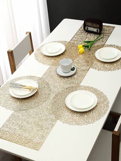 1-8pcs Gold Hollow Placemats & Table Runners Set, Washable, Easy To Clean, Wipe-Clean, Non-Slip, Heat-Resistant, Dining Table Mats, Holiday Wedding Party Festival Decor