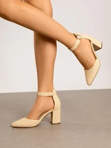 Women's Classic Closed Pointed Toe High Chunky Ankle Strap Heels Pumps  Dress Shoes Fashionable And Elegant For Wedding Office Party, 3 Inches - Màu be - Xem 4