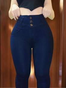 Women's Colombian Cut Jeans With Skinny Butt Lift, Premium Quality - Petrol Blue With Bags - View 4