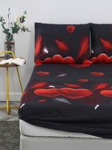 3入組涤纶刷毛心形印花床单套装（1床单和2枕套），不含枕头 - 心心相印 - 查看 5