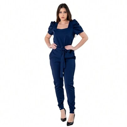 Conjunto Uniforme Feminino Scrub Manga Curta Bufante Calça Jogger Com Elastano