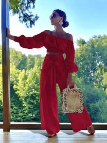 Conjunto De Dos Piezas De Blusa Corta De Hombro Descubierto Con Manga Corta Y Pantalón Para Mujer - Rojo - Ver 2