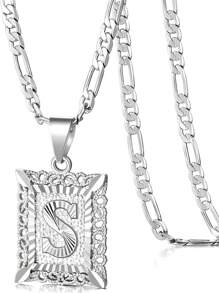 Collar con colgante de letra inicial para mujeres y hombres, collar de monograma cuadrado con capital en chapa de oro blanco de 18K con letras del alfabeto de A-Z y cadena Figaro