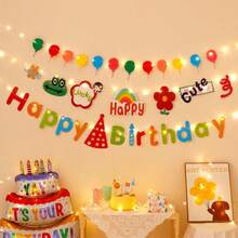 Happy Birthday Bunting Banner Decoration With Pom Poms For Kids, Boys, Girls, Baby, First Birthday, Party Decorations, Photo Props, Festival Celebration - Multicolor - View 10