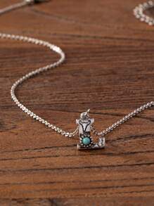 1 Stück Retro Antik Silber Farbe western blaue Türkis Stein Dekor Buchstaben Initialen Anhänger Halskette für Frauen
