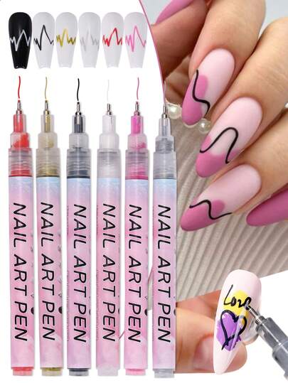 6 piezas de marcadores de arte de uñas, en colores dorado, plateado, negro, blanco, rojo y rosa, bolígrafos para pintar contornos, bolígrafos de arte de uñas DIY para líneas florales y abstractas, suministros de decoración de uñas DIY