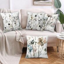 4pcs Simple & Stylish Watercolor Floral Pattern Decor Short Plush Pillow Cover & Sofa Cushion Cover For Outdoor Sofa Bed Chair
