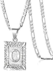 Collar con colgante de letra inicial para mujeres y hombres, collar de monograma cuadrado con capital en chapa de oro blanco de 18K con letras del alfabeto de A-Z y cadena Figaro