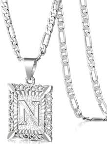 Collar con colgante de letra inicial para mujeres y hombres, collar de monograma cuadrado con capital en chapa de oro blanco de 18K con letras del alfabeto de A-Z y cadena Figaro