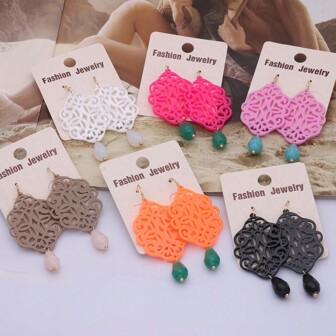 Candy-Colored Resin & Acrylic Vintage Hollow Floral Pattern Earrings, Summer Crystal Contrast Color Vacation Ear Drops