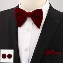 1 set Traje de boda para hombres, que incluye corbata de moño de terciopelo con forma de cuerno, pañuelo de bolsillo y gemelos para corbata de hombre