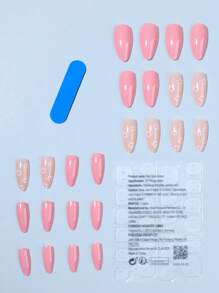 Get Glamorous With 24pcs Long Almond Pink Flower Print Fake Nail & 1pc Nail File & 1sheet Tape Press On Nails Nail Supplies