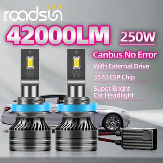 Bombillas de faros LED Roadsun 2piezas H1 H7 H11 9005 9006 H4, 42000LM 250W 6000K con controlador externo, chips CSP de alta potencia, CANBUS, sin errores, 600% de brillo, instalación fácil, plug and play