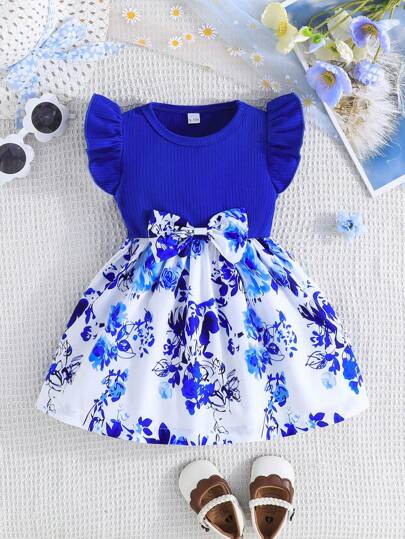 Babyflicka Sommarklänning med kort ärm och blommigt tryck med rosett och dekoration i midjan