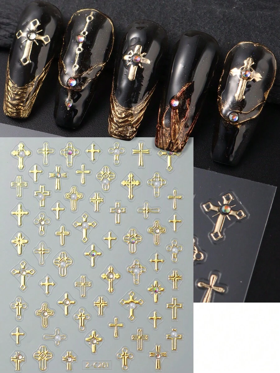金珍珠十字標誌指甲貼紙指甲鑽石魅力美甲設計自粘水貼紙Y2K美甲裝飾DIY