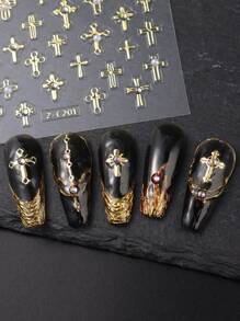 金珍珠十字標誌指甲貼紙指甲鑽石魅力美甲設計自粘水貼紙Y2K美甲裝飾DIY