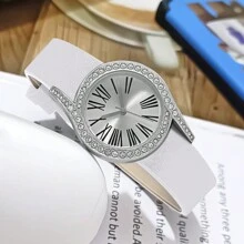 Relógio de pulso elegante de luxo leve feminino com números romanos, incrustado com strass e pulseira de couro