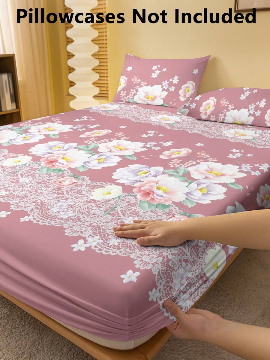 1 pieza Sábana ajustada cepillada con bordado de flores botánicas y patrón de peonía impreso, colcha impresa para dormitorio, juego de ropa de cama (la funda de almohada no está incluida)