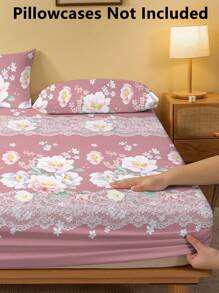 1 pieza Sábana ajustada cepillada con bordado de flores botánicas y patrón de peonía impreso, colcha impresa para dormitorio, juego de ropa de cama (la funda de almohada no está incluida)