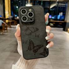 Vintage Butterfly Pattern PU Leather Solid Color Anti-Scratch Phone Case - Black - View 4