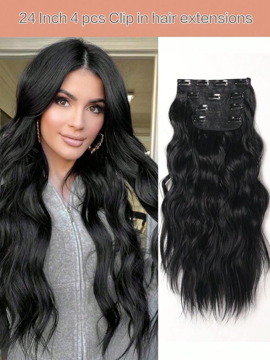 24-Inch 4pcs Natural Black Wavy Clip-In Hair Extensions, Synthetic Hair Pieces Suitable For Women And Girls Daily Use