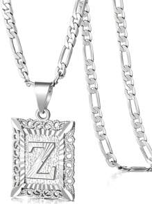 Collar con colgante de letra inicial para mujeres y hombres, collar de monograma cuadrado con capital en chapa de oro blanco de 18K con letras del alfabeto de A-Z y cadena Figaro