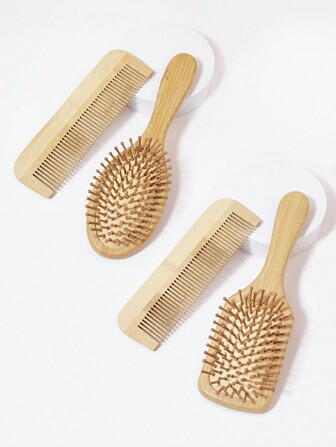 2pcs Natural Wooden Bamboo Comb Set, Tooth Comb & Cushion Brush, Healthy Hair Care Massage For Thick, Curly, Straight, Wet Hair
