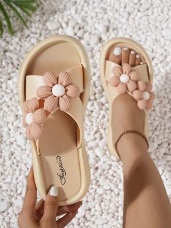Ladies' Khaki Flower Crisscross Strap Dress Sandals, Summer Beach Party Holiday Flat Slide Slippers That Are Versatile And Non-Slip
