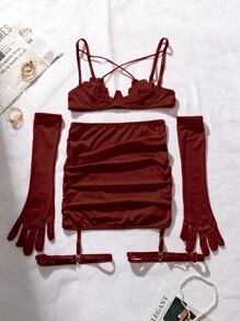 4入組女士性感蕾絲加厚3/4杯文胸套裝，內托及十字肩帶設計，附配色G-String、手套及腿圈 - 酒紅色 - 查看 7