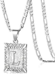 Collar con colgante de letra inicial para mujeres y hombres, collar de monograma cuadrado con capital en chapa de oro blanco de 18K con letras del alfabeto de A-Z y cadena Figaro
