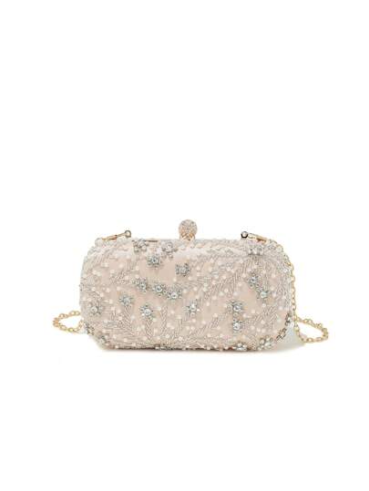 1pc Elegant And Romantic Solid Color Heavy Beaded Clutch With Pearl,Rhinestone & Rhinestone Encrusting,DinnersTready Bride Bag, Perfect For Party,Wedding, Prom,Dinner/Banquet, Matching With Wedding Dress, Formal Dresses, Prom Dress, Birthday Dress, Party Dress, Elegant Pearl Clutch, Prom Bag