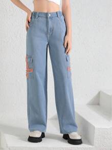 Teen Girl Individual Splicing Workwear Straight Leg Jeans Casual Loose High Waist Denim Pants For Junior