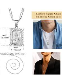 Collar con colgante de letra inicial para mujeres y hombres, collar de monograma cuadrado con capital en chapa de oro blanco de 18K con letras del alfabeto de A-Z y cadena Figaro