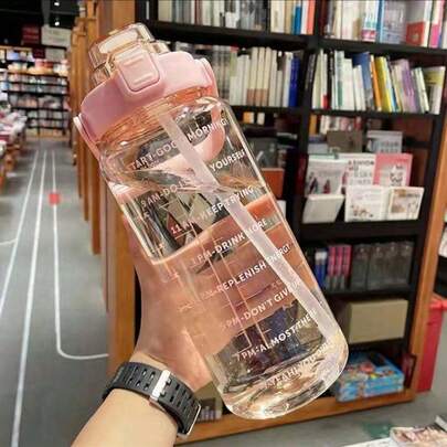 1pc 750/2000ml Capacity Pink Straw Water Bottle, Graduated Scale, Insulated Durable Plastic Drinking Bottle For Sports