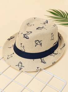 1 Stück Jungen- und Mädchen-Hut mit Haifisch Muster im Western-Cowboy-Stil, geeignet für Outdoor-Aktivitäten, Strand und Sonnenschutz, großartiges Geschenk für Kinderfestivals oder Urlaub - Beige - Übersicht 1