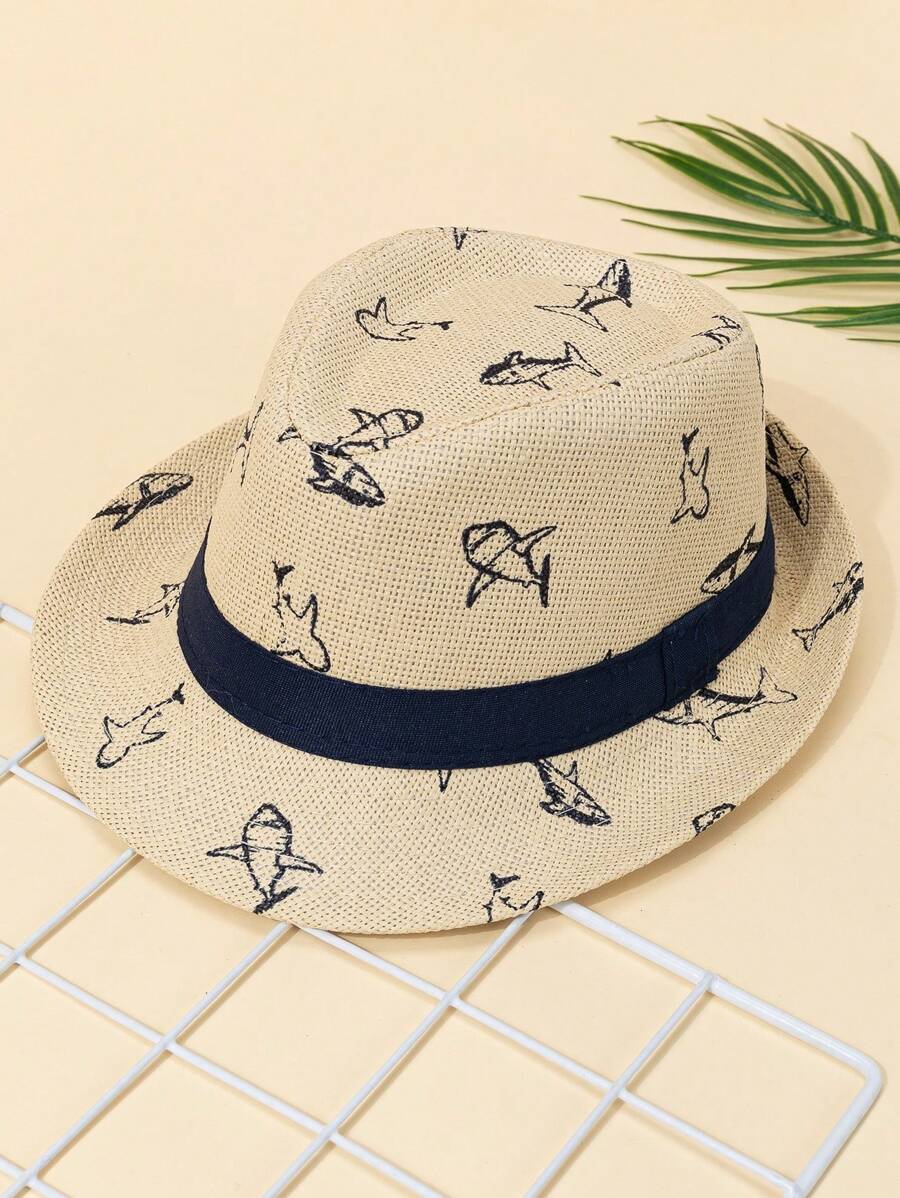 1 Stück Jungen- und Mädchen-Hut mit Haifisch Muster im Western-Cowboy-Stil, geeignet für Outdoor-Aktivitäten, Strand und Sonnenschutz, großartiges Geschenk für Kinderfestivals oder Urlaub - Beige - Übersicht 1