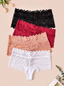 4 Bộ Đồ Lót Nữ Thanh Lịch Plus Size, Quần Lót Ren Hoa Màu Trơn Co Giãn Cao - Nhiều màu - Xem 3