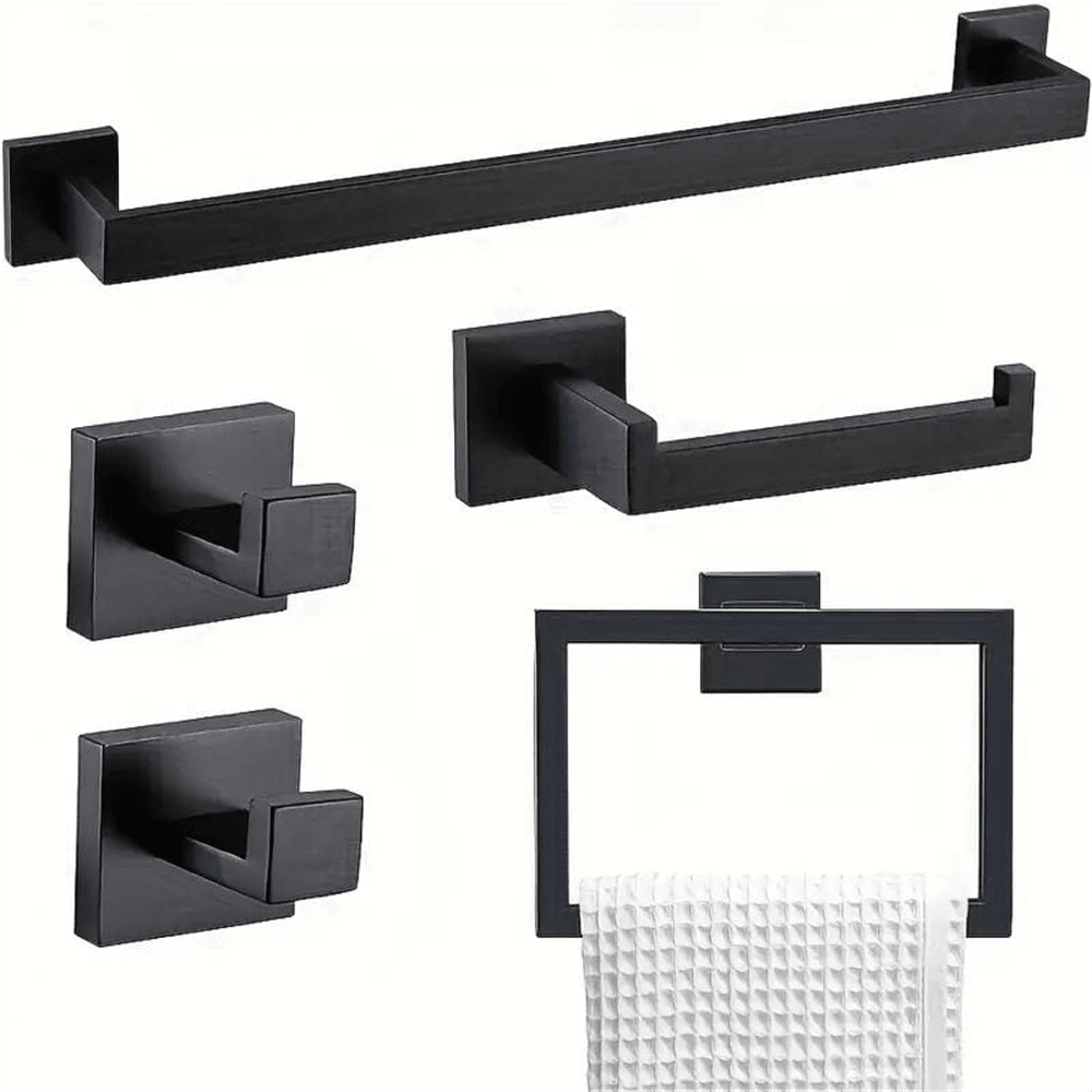 Juego de 5 accesorios de baño, que incluye barra toallera, anillo toallero, portarrollos de papel higiénico y 2 ganchos para toallas de baño, juego de estantes toalleros de acero inoxidable montados en la pared, set de accesorios de baño, decoración de baño, organizador de baño para el verano y vuelta al colegio