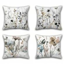 4pcs Simple & Stylish Watercolor Floral Pattern Decor Short Plush Pillow Cover & Sofa Cushion Cover For Outdoor Sofa Bed Chair
