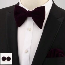 1 set Traje de boda para hombres, que incluye corbata de moño de terciopelo con forma de cuerno, pañuelo de bolsillo y gemelos para corbata de hombre