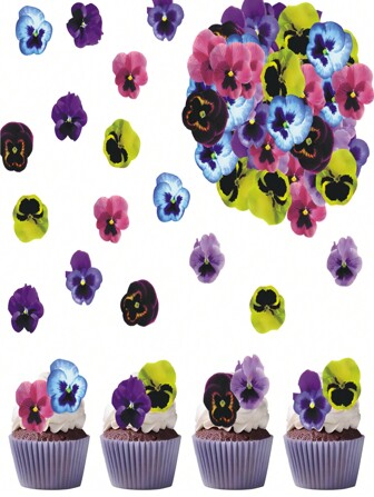 60pcs/Box Cupcake Decorative Pansy Flowers, Wafer Paper Printed Birthday Cake Toppers