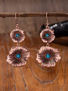 1 par de pendientes colgantes con decoración de piedra de turquesa azul y estilo floral retro occidental - Pendientes de estilo vaquera del Medio Oeste para mujeres - A9405 - Ver 7