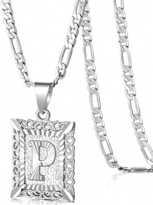 Collar con colgante de letra inicial para mujeres y hombres, collar de monograma cuadrado con capital en chapa de oro blanco de 18K con letras del alfabeto de A-Z y cadena Figaro