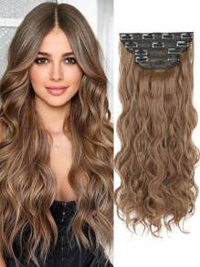 4入組夾式合成纖維長捲髮增髮，厚重髮片，雙層網絡，20英寸天然女髮擴展（淺啡色） - Light Brown - 查看 1